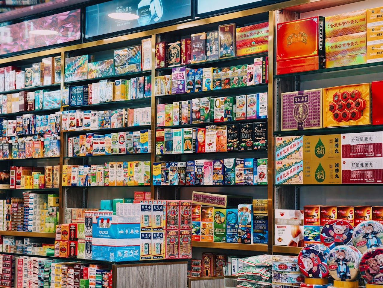 Crafting Captivating Headlines: Your awesome post title goes here Bright and colorful display of various Asian products on supermarket shelves.